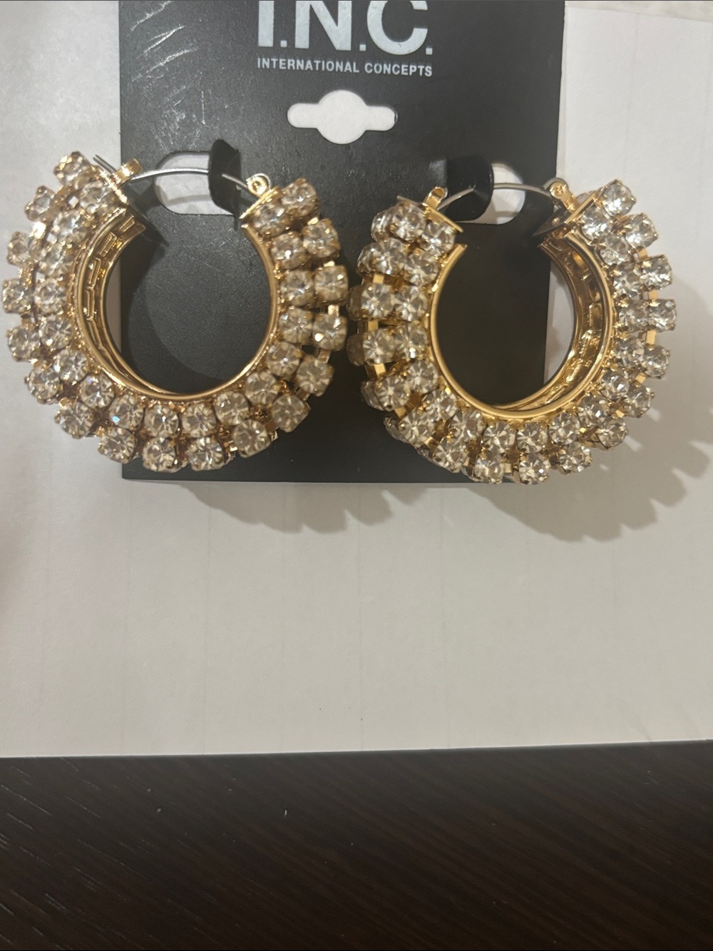 INC International Concepts Gold Hoop Earrings with Clear Stones